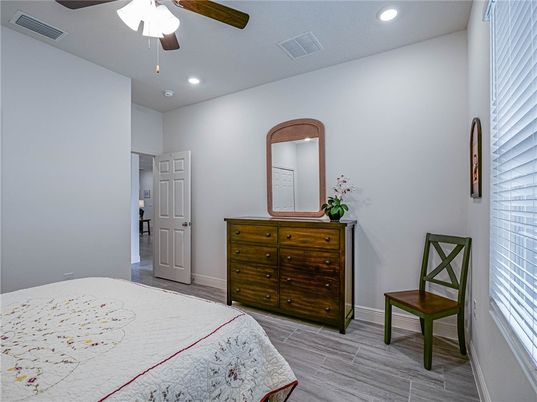 Bedroom, Interior, Recessed Lighting, Wood Texture Flooring