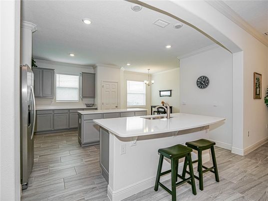 Chandelier, Interior, Kitchen, Recessed Lighting, Wood Texture Flooring