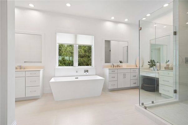 Bathroom, Dual Sink Vanities, Free Standing Baths, Glass Shower, Interior, Recessed Lighting