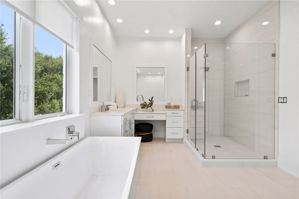 Bathroom, Dual Sink Vanities, Free Standing Baths, Glass Shower, Interior, Recessed Lighting