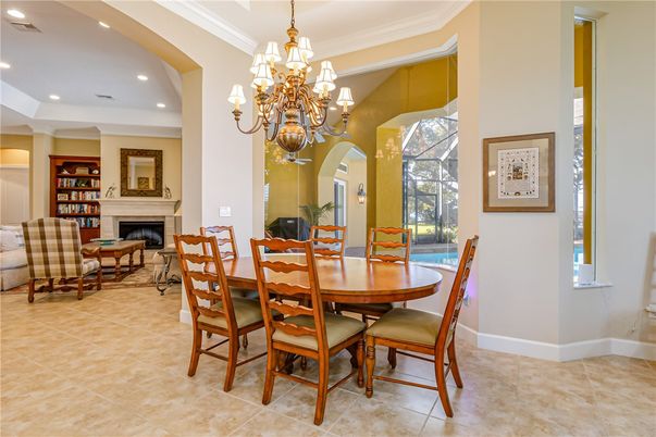 Chandelier, Dining room, Fireplace, Interior, Recessed Lighting