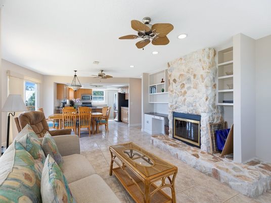 Dining room, Fireplace, Interior, Kitchen, Living room, Recessed Lighting, Stone Walls