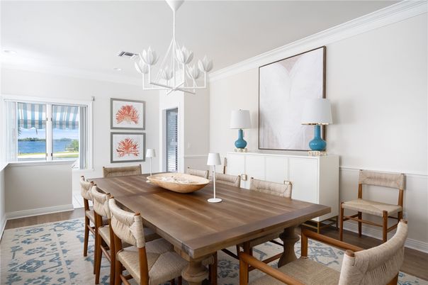 Chandelier, Dining room, Interior, Recessed Lighting, Water, Wood Texture Flooring