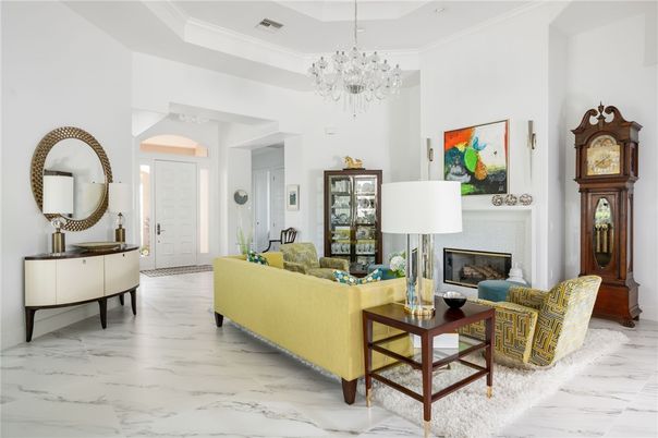 Chandelier, Fireplace, Interior, Living room, Marble