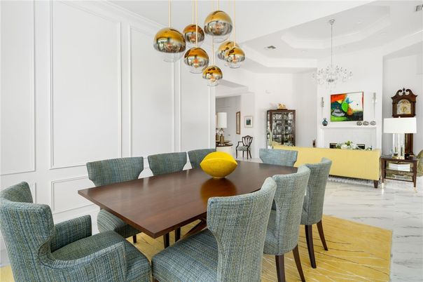 Dining room, Interior, Living room, Marble, Pendant Lights