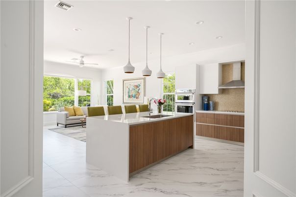 Dining room, Interior, Kitchen, Living room, Marble, Pendant Lights, Recessed Lighting, Stainless Steel Appliances