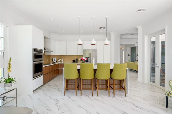 Interior, Kitchen, Marble, Pendant Lights, Recessed Lighting, Stainless Steel Appliances