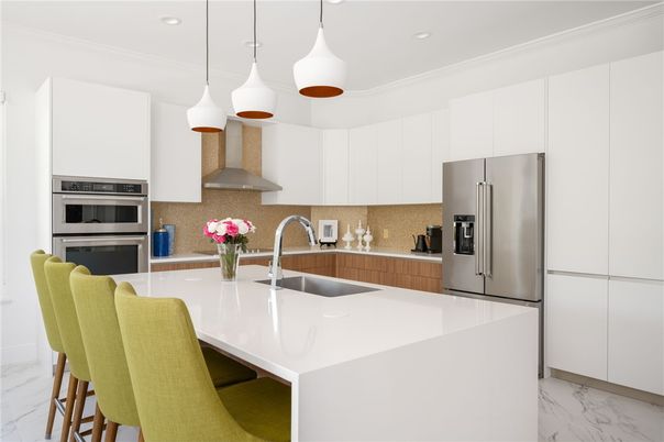 Interior, Kitchen, Marble, Pendant Lights, Recessed Lighting, Stainless Steel Appliances