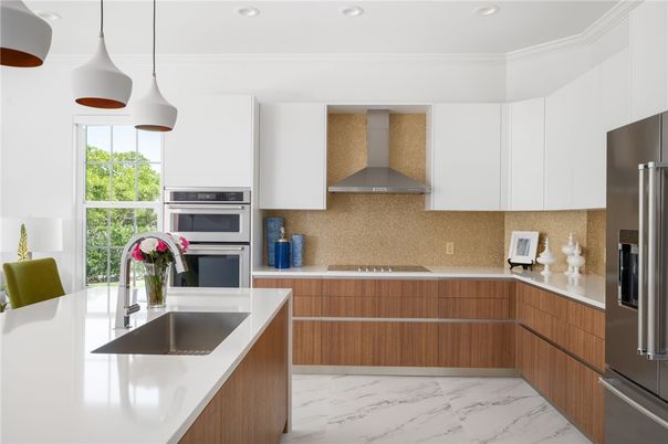 Interior, Kitchen, Marble, Pendant Lights, Recessed Lighting, Stainless Steel Appliances