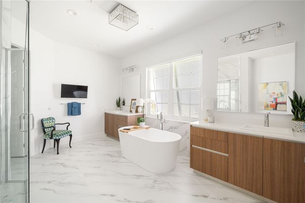 Bathroom, Dual Sink Vanities, Free Standing Baths, Glass Shower, Interior, Marble, Recessed Lighting