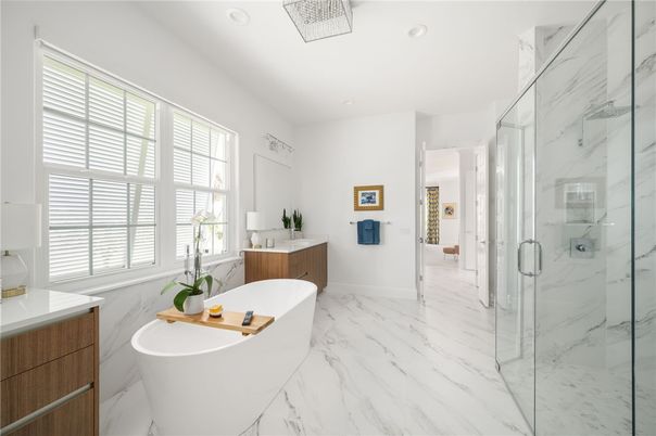 Bathroom, Free Standing Baths, Glass Shower, Interior, Marble, Marble Walls, Recessed Lighting