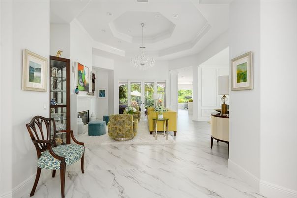 Chandelier, Fireplace, Interior, Living room, Marble, Recessed Lighting
