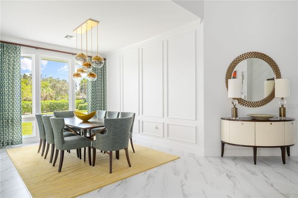 Dining room, Interior, Marble, Pendant Lights