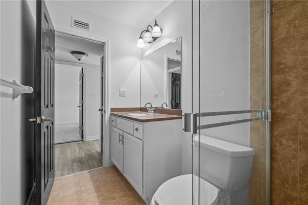Bathroom, Glass Shower, Interior, Wood Texture Flooring