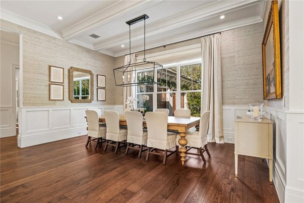 Dining room, Interior, Pendant Lights, Recessed Lighting, Wood Texture Flooring