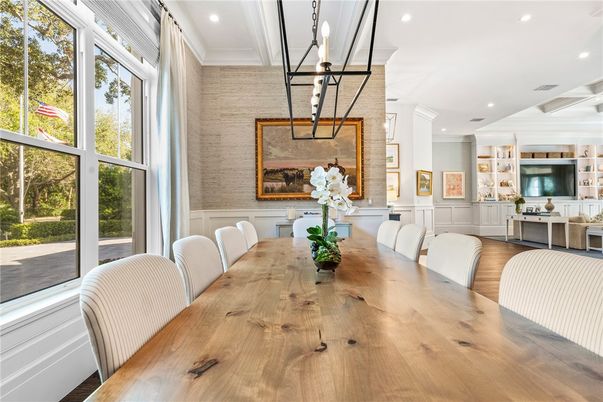 Dining room, Interior, Pendant Lights, Recessed Lighting, Stone Walls, Wood Texture Flooring