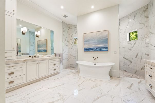 Bathroom, Dual Sink Vanities, Free Standing Baths, Interior, Marble, Marble Walls, Recessed Lighting