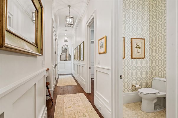 Bathroom, Interior, Pendant Lights, Wood Texture Flooring