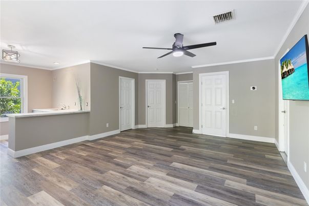 Empty room, Interior, Recessed Lighting, Wood Texture Flooring