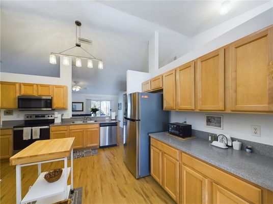 Interior, Kitchen, Pendant Lights, Stainless Steel Appliances, Wood Texture Flooring