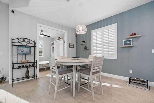 Dining room, Interior, Pendant Lights, Wood Texture Flooring
