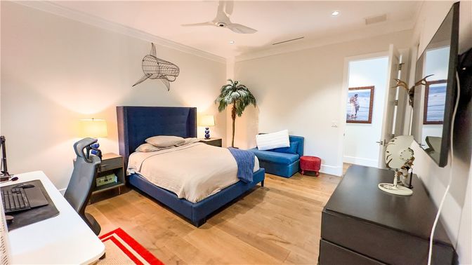 Bedroom, Interior, Recessed Lighting, Wood Texture Flooring