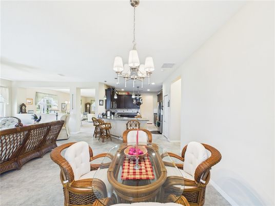 Chandelier, Dining room, Interior, Kitchen, Living room, Recessed Lighting, Stainless Steel Appliances