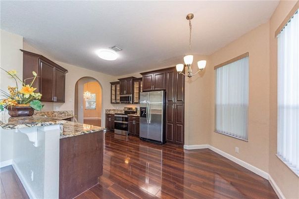 Interior, Kitchen, Pendant Lights, Stainless Steel Appliances, Wood Texture Flooring