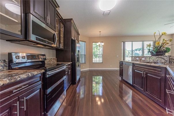 Interior, Kitchen, Pendant Lights, Wood Texture Flooring