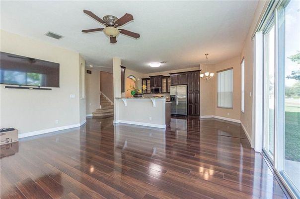 Chandelier, Empty room, Interior, Kitchen, Stainless Steel Appliances, Wood Texture Flooring