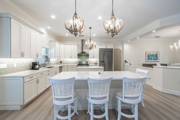 Chandelier, Interior, Kitchen, Pendant Lights, Recessed Lighting, Stainless Steel Appliances, Wood Texture Flooring