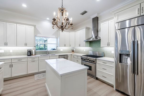 Chandelier, Interior, Kitchen, Recessed Lighting, Stainless Steel Appliances, Wood Texture Flooring