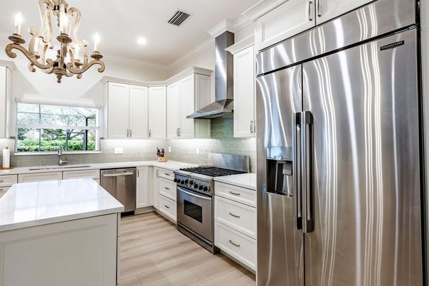 Chandelier, Interior, Kitchen, Recessed Lighting, Stainless Steel Appliances, Wood Texture Flooring