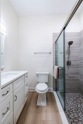 Bathroom, Glass Shower, Interior, Wood Texture Flooring