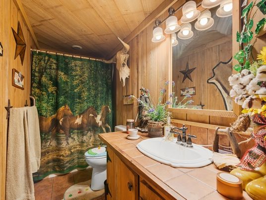 Bathroom, Interior, Tile Countertops, Wooden Ceilings, Wooden Walls