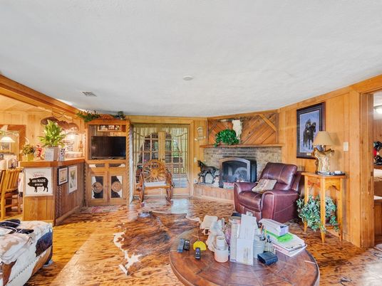 Fireplace, Interior, Living room, Wood Texture Flooring, Wooden Walls