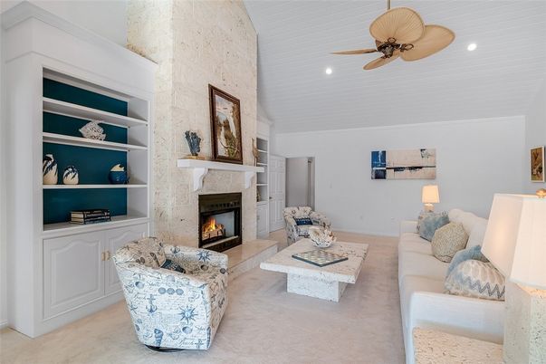 Fireplace, Interior, Living room, Recessed Lighting, Stone Walls