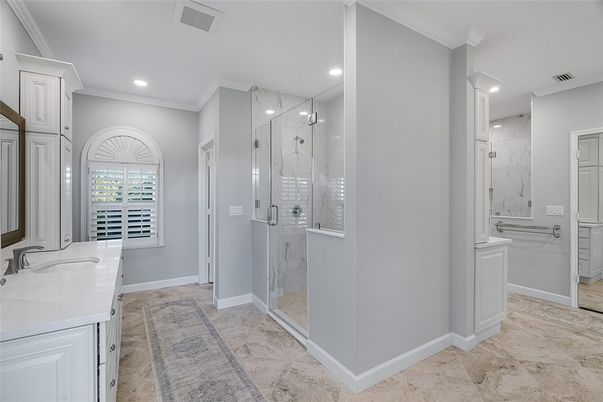 Bathroom, Glass Shower, Interior, Marble Walls, Recessed Lighting
