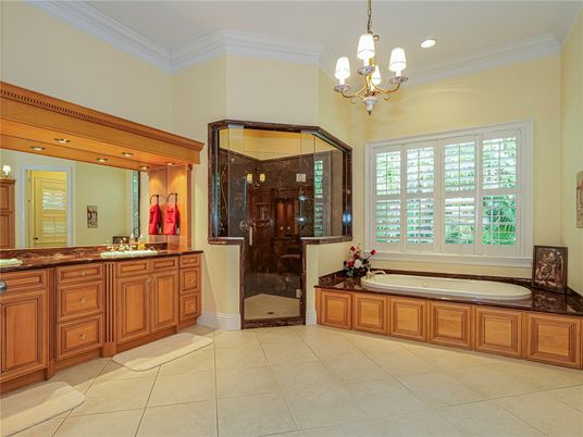 Bathroom, Chandelier, Glass Shower, Interior, Recessed Lighting