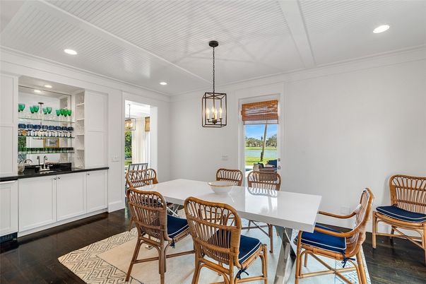 Dining room, Interior, Pendant Lights, Recessed Lighting, Wood Texture Flooring