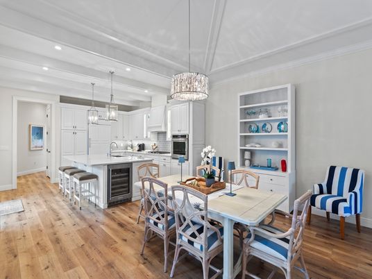 Dining room, Interior, Kitchen, Pendant Lights, Recessed Lighting, Wood Texture Flooring