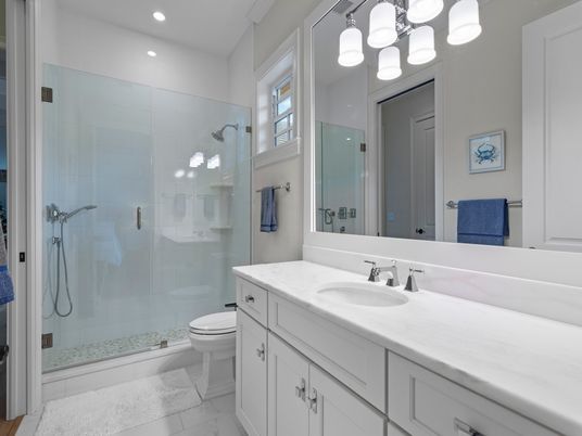 Bathroom, Glass Shower, Interior, Marble, Recessed Lighting
