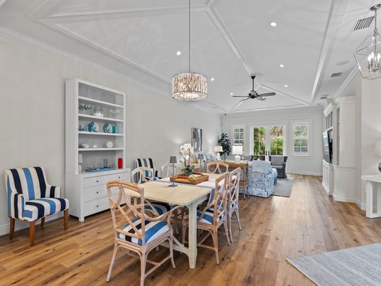 Chandelier, Dining room, Interior, Living room, Pendant Lights, Recessed Lighting, Wood Texture Flooring