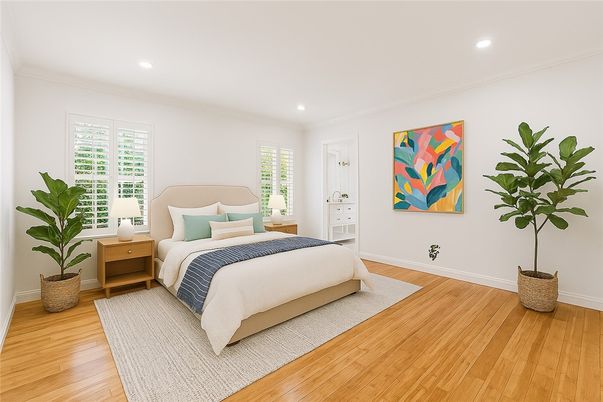 Bedroom, Interior, Recessed Lighting, Wood Texture Flooring