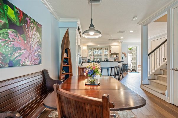Dining room, Interior, Kitchen, Pendant Lights, Recessed Lighting, Wood Texture Flooring