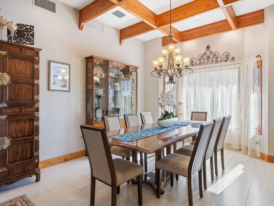 Chandelier, Dining room, Interior, Wooden Beams