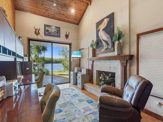 Fireplace, Home Office, Interior, Recessed Lighting, Water, Wooden Ceilings, Wood Texture Flooring