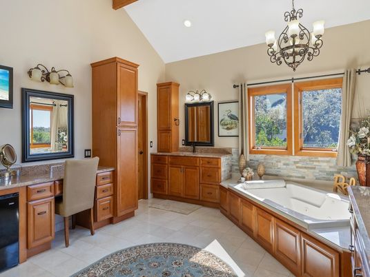 Bathroom, Chandelier, Dual Sink Vanities, Interior, Recessed Lighting, Wooden Beams