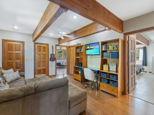 Home Office, Interior, Recessed Lighting, Wooden Beams, Wood Texture Flooring
