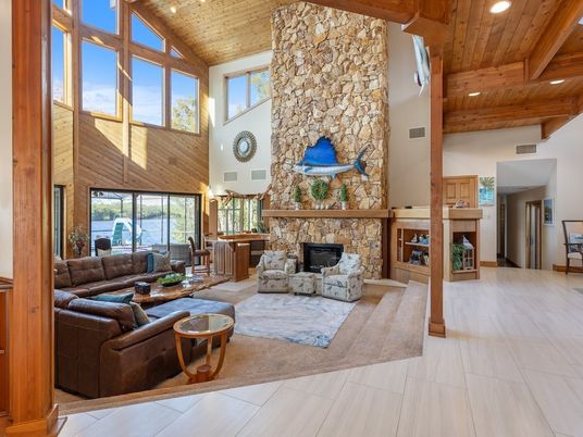 Fireplace, Interior, Living room, Recessed Lighting, Stone Walls, Wooden Beams, Wooden Ceilings